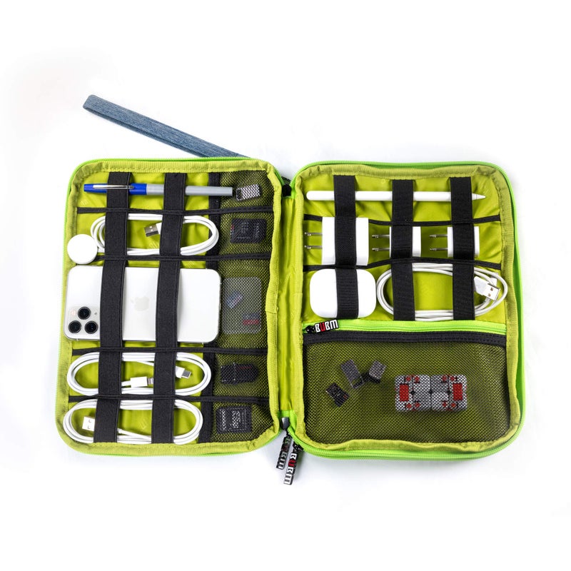 BUBM Three Layer Electronics Organizer and Travel Organizer for Tablet, Cables, and Chargers. Size XL Fit up to 10" Tablets. (Blue and Bright Green) - Image 2